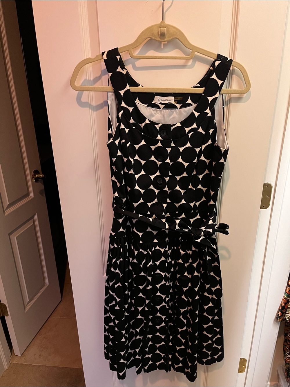 Calvin Klein Black & White Polka Dot Belted Sleeveless Dress